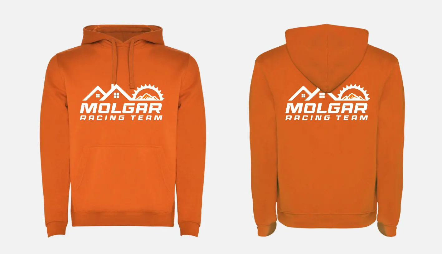 Sudadera naranja con capucha del Molgar Racing Team, logo blanco delante y detrás